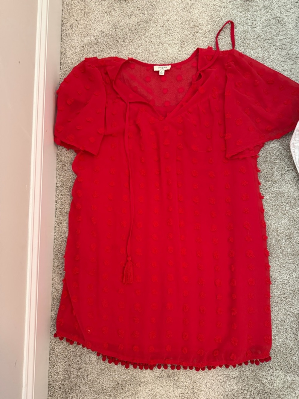 Red Swiss Dot Tassel Tie V-Neck Dress - Women Tops